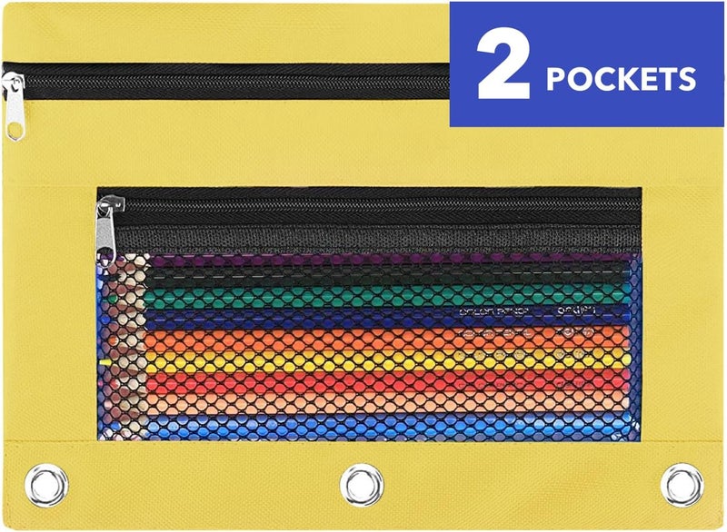 ASBEFORE Pencil Pouch for 3 Ring Binder - 3 Hole Zipper Pen Case Bag Holder Bulk Accessories Clear Window Aesthetic Organizer Pockets (Yellow, 1) - Image 1